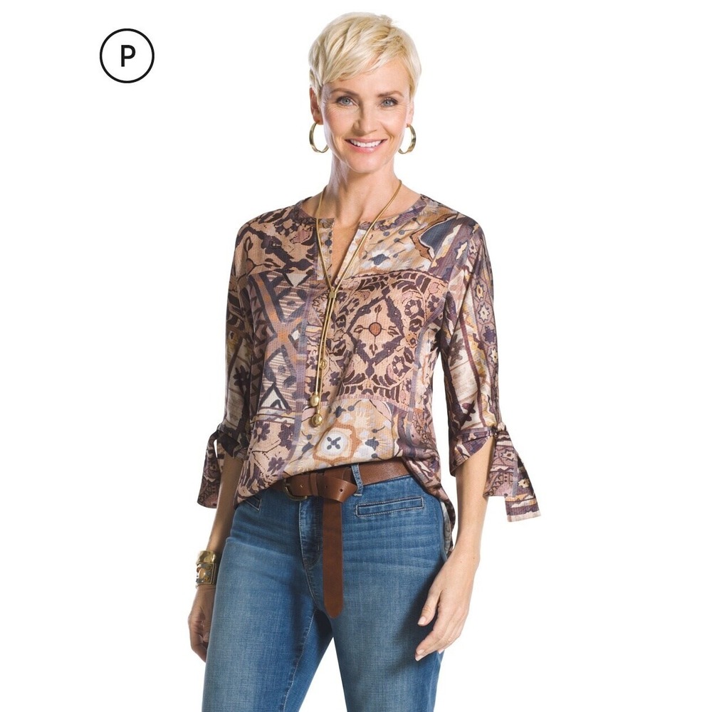 Chicos Tribal Silky Split V-Neck Blouse Womens 1 M 8 Tie Elbow-Sleeve